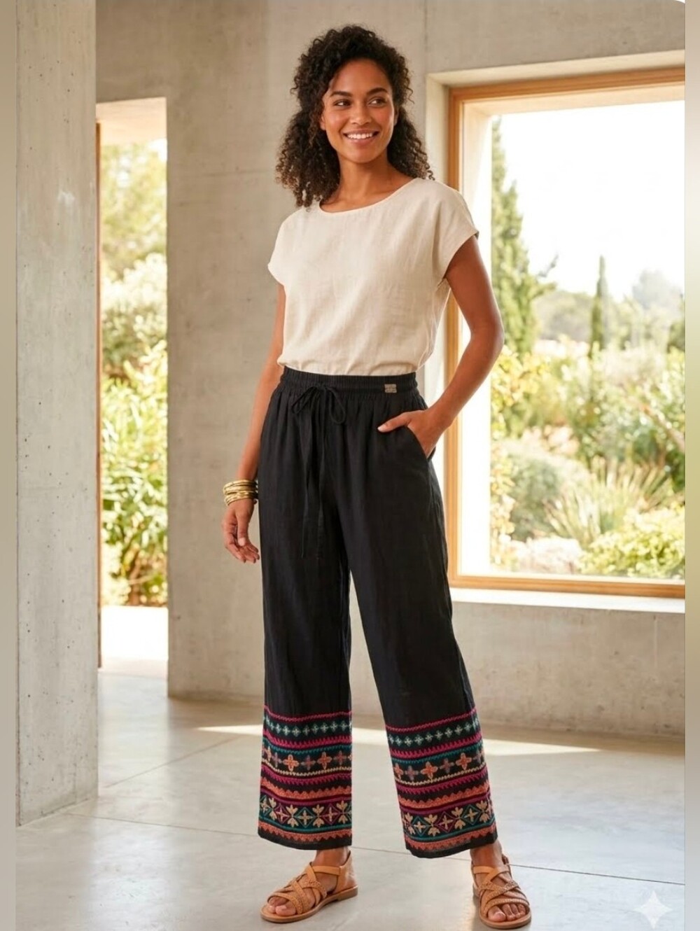 Unbranded Boho Embroidered Wide Leg Palazzo Women Pants Drawstring Black Size S